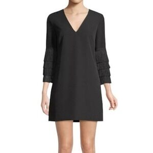 Milly Fringe Bell Sleeve V-Neck Shift Dress Womens 4 Black Made in‎ USA LBD